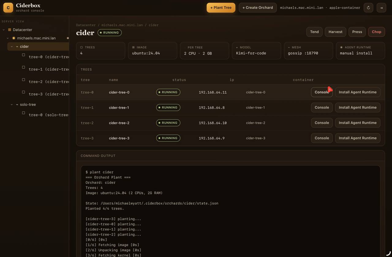 Ciderbox Console dashboard showing running trees